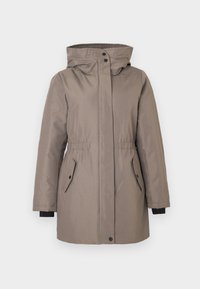 Svijetlosmeđi park s kapuljačom, elastičnom strukom, dugmadima, dva bočna džepa i crnim manžetama. Glatka, teksturirana tkanina.