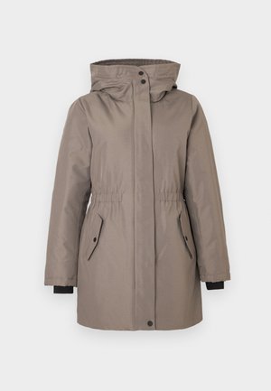 Kerge pruun parka kapuutsiga, elastse vöökohtaga, nupuga kinnitustega, kahe küljetaskuga ja mustade mansettidest detailidega. Sile ja tekstuurne kangas.