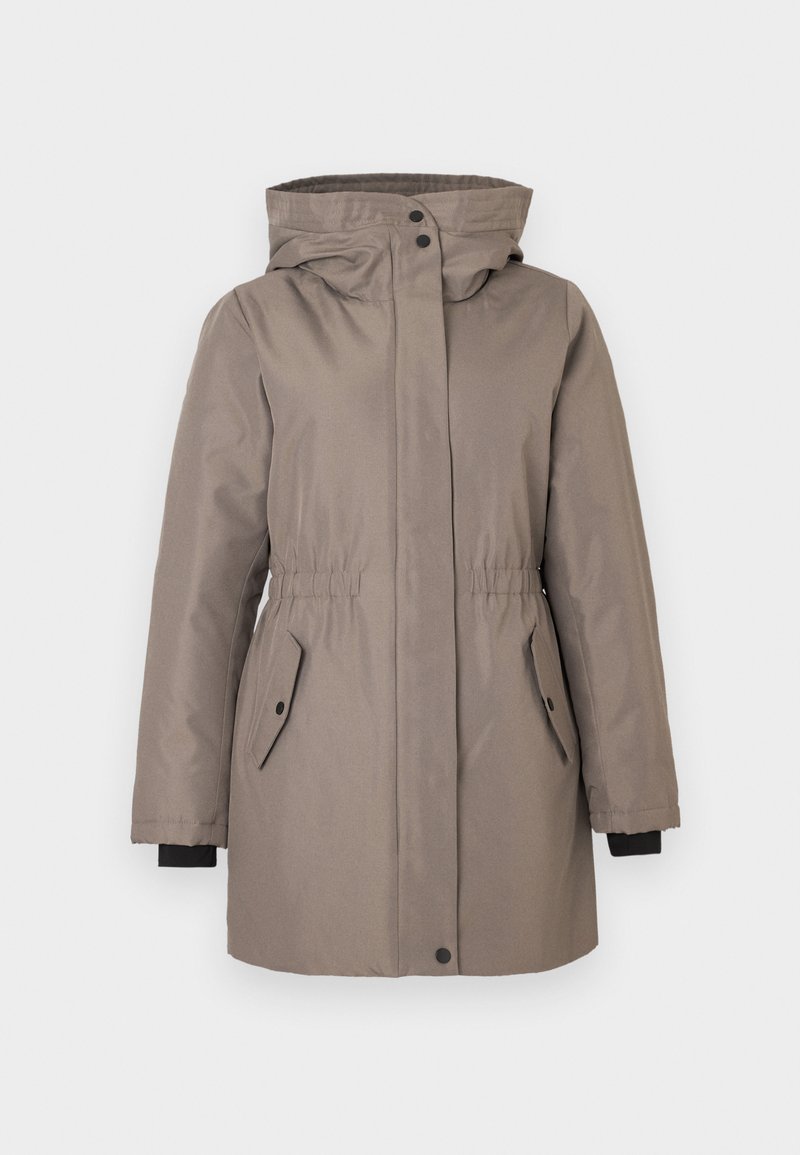 Jasnobrązowa parka z kapturem, elastycznym pasem, zapięciem na guziki, dwiema bocznymi kieszeniami i czarnymi akcentami na mankietach. Gładki, teksturowany materiał.