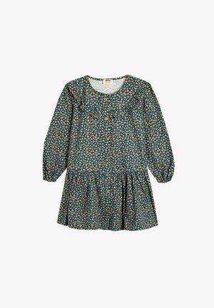 Bloemenjurk met een donkergroene achtergrond met kleine roze en witte bloemen, lange mouwen, een gerimpelde halslijn en een knopenopening.