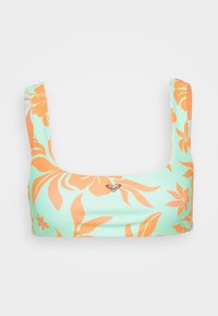 Haut de bikini à motifs en tissu vert menthe avec des designs floraux oranges, décolleté carré, larges bretelles et un petit détail de logo.