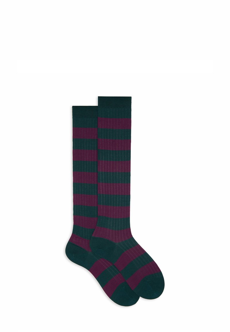 Calzini al ginocchio con una trama a coste e strisce orizzontali alternate di verde scuro e bordeaux. Polsino spesso per un comfort aggiuntivo.