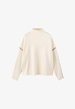 Maglione a dolcevita color crema con maniche lunghe e sottili bordi neri lungo le cuciture delle spalle e la lunghezza delle maniche.