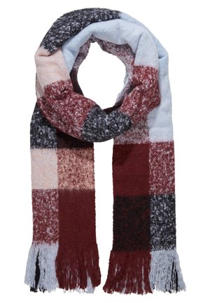 Écharpe douce tissée avec un grand motif à carreaux en bordeaux, noir, bleu clair et rose pâle, avec des extrémités à franges.