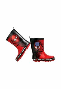 Stivali da pioggia in gomma rossi e neri con grafiche di Spider-Man, motivi texturizzati e una banda nera con logo alla base, dotati di anelli per il pull-tab.