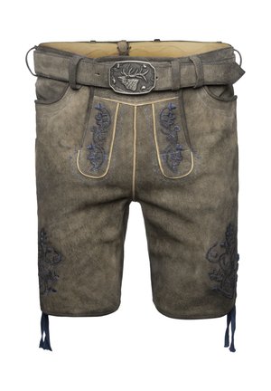 Shorts en cuir gris avec des motifs brodés bleus, une ceinture assortie avec une boucle en forme de cerf, et des accents décoratifs près des ourlets.