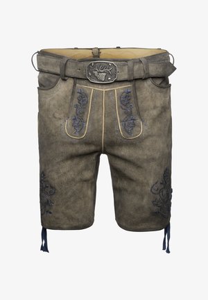 Shorts en cuir gris avec des motifs brodés bleus, une ceinture assortie avec une boucle en forme de cerf, et des accents décoratifs près des ourlets.