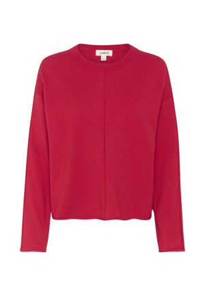 Rode lange mouwen trui met ronde hals, gemaakt van een zachte breimateriaal; heeft een voornaaddetail en een ontspannen pasvorm.