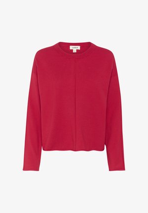 Piros hosszúujjú pulóver környakú, puha kötött anyagból készült; elülső varrás részlete és laza szabása van.