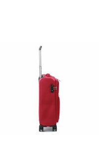 Red fabric suitcase with a retractable metal handle, two wheels, zipper closure, and a side pocket for additional storage.