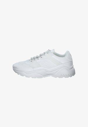 White athletic sneaker with a textured upper, rounded toe, and thick sole. Features contrasting black accents and lace-up design.