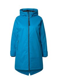 Teal waterdichte parka met capuchon, voorzien van een voorste ritssluiting, twee zijzakken en contrasterende zwarte accenten op de ritsen en manchetten.