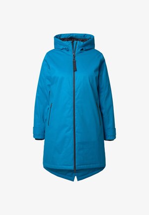 Parka impermeabile color acqua con cappuccio, dotata di zip frontale, due tasche laterali e accenti neri a contrasto su zip e polsini.