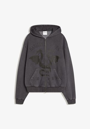 Sötétszürke cipzáras kapucnis pulóver kapucnival, elülső zsebekkel, bordás mandzsettákkal, és egy fekete sárkány grafikával, valamint szöveggel a mellkason.