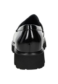 Zwarte laarzen van patenterleer met een ronde neus en een dikke zwarte rubberen zool, met een gladde en glanzende afwerking. Achteraanzicht.