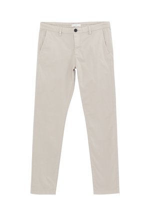 Jasnobeżowe chinosy o slim fit, z paskami do pasa, dwiema przednimi kieszeniami i pojedynczym zapięciem na guzik. Wykonane z bawełnianego materiału o gładkiej fakturze.