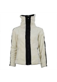 Veste en polaire blanche avec col haut, fermeture éclair noire et panneaux latéraux noirs en contraste. Texture douce avec fermeture éclair à l'avant et poches latérales.