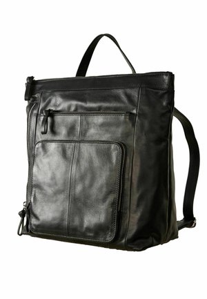 Sac à dos en cuir noir avec poche avant zippée, poignée supérieure et bretelles réglables, présenté sur fond blanc.