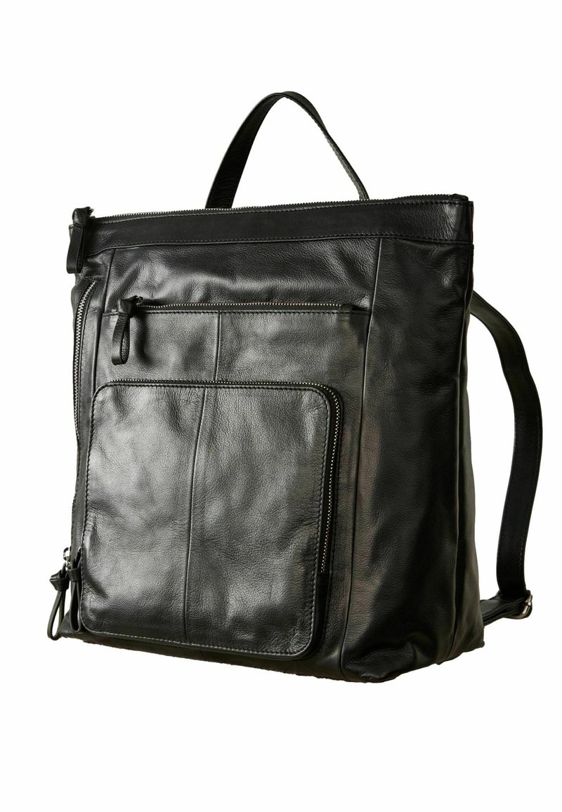 Sac à dos en cuir noir avec poche avant zippée, poignée supérieure et bretelles réglables, présenté sur fond blanc.