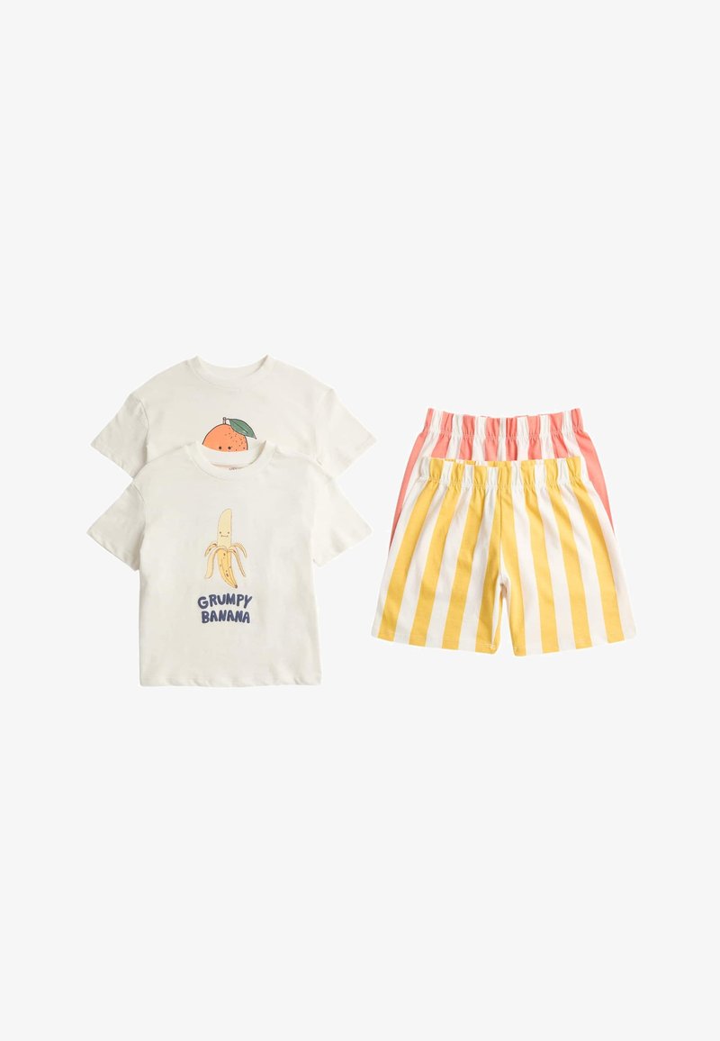 Two white short-sleeve shirts with fruit prints and text, paired with elastic waist shorts in yellow and white, and pink and white stripes.