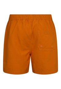 Oranžové plavkové šortky s elastickým pasem, vybavené zadní kapsou obdélníkového tvaru a zpevněným šitím. Hladká textilie.