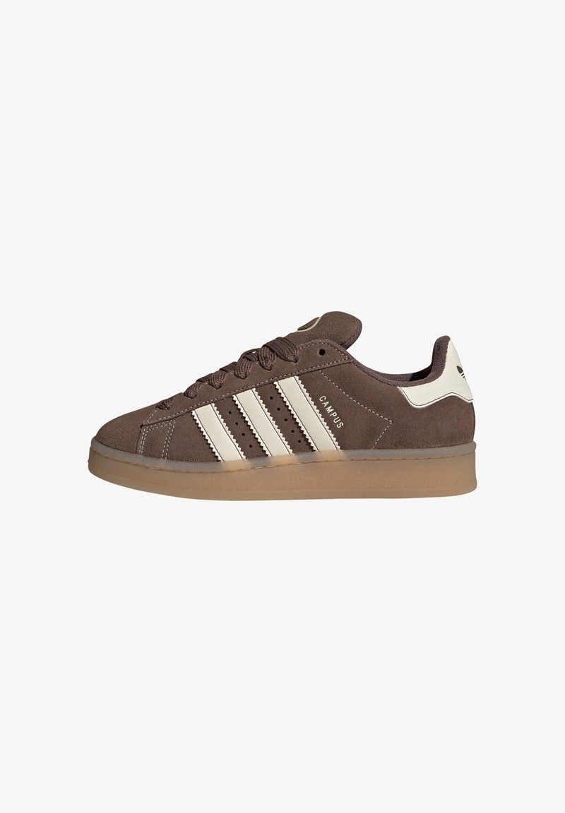 Brown suede sneaker with white leather accents and three white stripes. Features a round toe and gum rubber sole. Logo on the side.