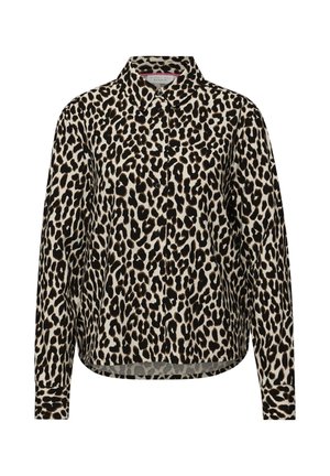 Lange mouwen overhemd met luipaardprint, knopen, een kraag en manchetten, met een zwart, bruin en beige kleurenpatroon.