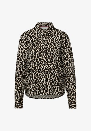 Langarm-Hemd mit Leopardenmuster, Knopfleiste, Kragen und Manschetten in Schwarz, Braun und Beige.