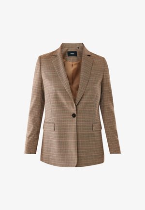 Brown plaid blazer made of textured fabric, featuring a single button closure, notched lapels, and two front pockets. Satin lining.