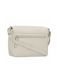 Bolso cruzado beige con bolsillo frontal con cremallera, correa ajustable y diseño rectangular liso sobre fondo blanco.