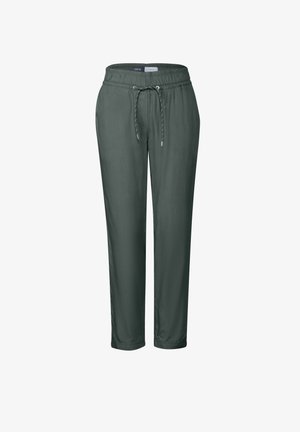 Zelené, lehké kalhoty s elastickým pasem na šňůrku, rovného střihu a hladké textury. Vhodné na volný čas nebo odpočinek.