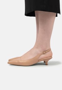 Cizme cu toc din piele nud, cu vârf ascuțit și un tocuț mic. Au o curea slingback cu un cataramă pentru ajustare.