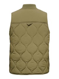 Veste sans manches matelassée vert olive avec un col montant côtelé et un motif cousu en forme de larme dans le dos.