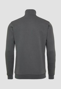 Felpa grigia con colletto alto, polsini e orlo a costine, caratterizzata da una texture liscia e un design semplice. Vista posteriore esclusivamente.