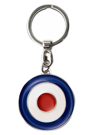 Keychain with a circular design featuring concentric blue, white, and red colors, made of metal, with a shiny silver keyring.