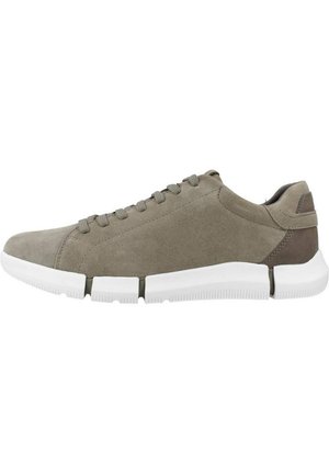 Dunkelgraue Wildledersneaker in Hellgrau mit glatter Textur, featuring Schnürdesign, weiße Gummisohle und einem kontrastierenden, dunkelgrauen Fersenelement.