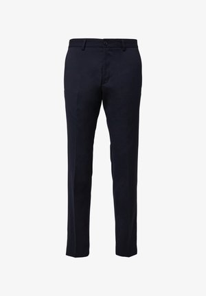 Navy blue pants made of smooth fabric, featuring a classic design, straight leg shape, front pockets, and a single button closure.
