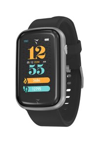 Smartwatch fitness nero con display touch rettangolare. Presenta dati digitali in arancione e teal, dettagli argentati e cinturino regolabile.