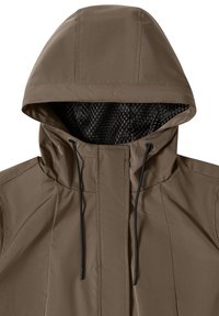 Veste à capuche marron avec doublure en maille noire à l'intérieur de la capuche et cordons de serrage noirs réglables pendants sur le devant.