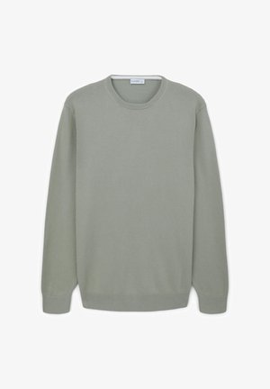 Light green sweater, crew neck design, long sleeves, soft texture, ribbed cuffs and hem, made from lightweight material.