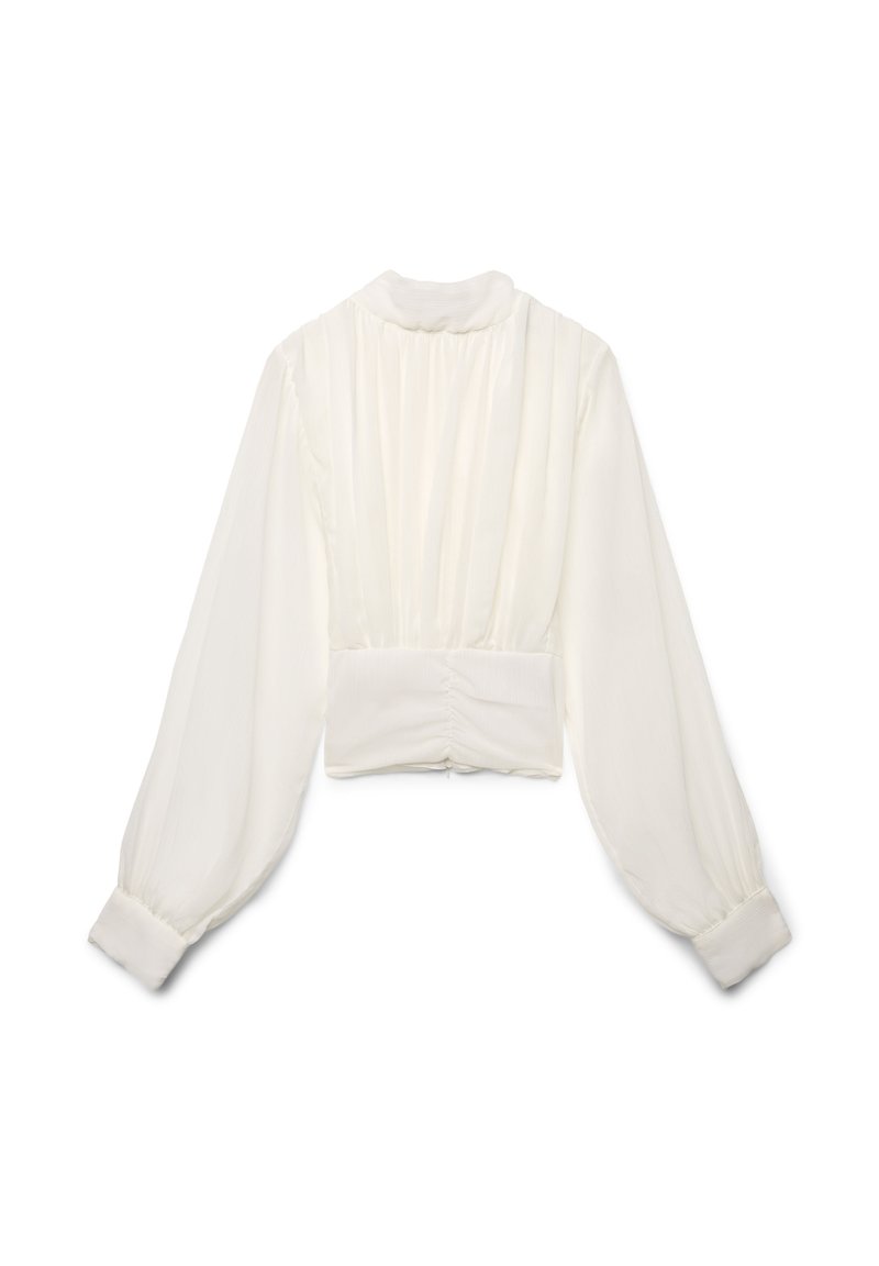 Blusa bianca corta con dettagli plissettati, maniche lunghe e voluminose, e vita aderente. Realizzata in tessuto leggero e testurizzato.
