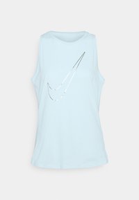 Vaaleansininen ilman hihoja oleva tanktoppi, joka on valmistettu puuvillasta ja siinä on sileä pinta. Keskellä on heijastava Nike-logo. Yksinkertainen muotoilu.