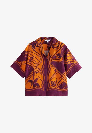 Kurzärmeliges Hemd zum Knöpfen mit orange-lila Blumen- und abstraktem Muster, Hemdkragen und lockerer Passform.