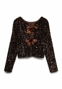 Mirdzoša brūna pērļu jakas ar īsu dizainu, divām brūnām satīna lokām priekšpusē un garām piedurknēm. Gluda iekšējā oderējuma.