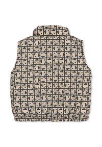 Kamizelka pikowana z geometrycznym wzorem w beżowym i czarnym kolorze, z kołnierzem i elastycznym wykończeniem u dołu dla dopasowanego kroju.