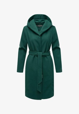 Groene, gevoerde jas gemaakt van zacht materiaal, met lange mouwen, een ceintuur in de taille en zijzakken. Glad textuur met een op maat gemaakte pasvorm.