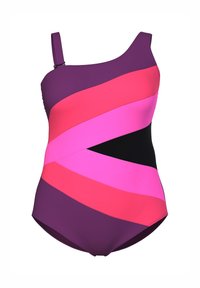 Yksitäyppinen uimapuku, jossa on violetteja, vaaleanpunaisia ja mustia paneeleita, joissa on viistoja raitoja. Valmistettu joustavasta kankaasta mukavuutta ja istuvuutta varten.