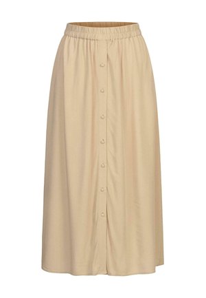 Beige Midi-Rock mit elastischem Bund und Knopfdetail an der Vorderseite. Weicher Stoff, der sanft von der Taille zu einem geraden Saum ausläuft.