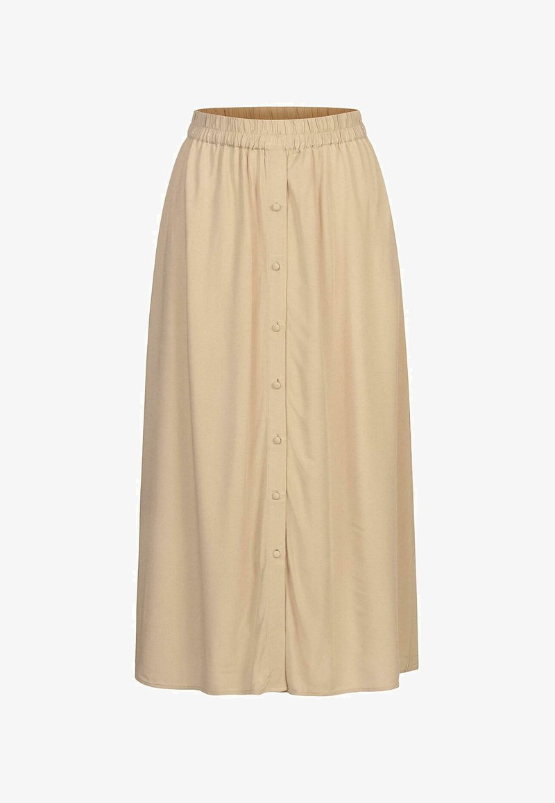 Bežová midi sukňa s elastickým pásom a prednými detailami s gombíkmi. Mäkkučká látka sa jemne rozširuje od pásu k rovno strihanému spodnému okraju.