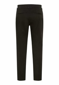 Sorte skræddersyede bukser med bæltestropper og to baglommer, vist bagfra på en hvid baggrund.